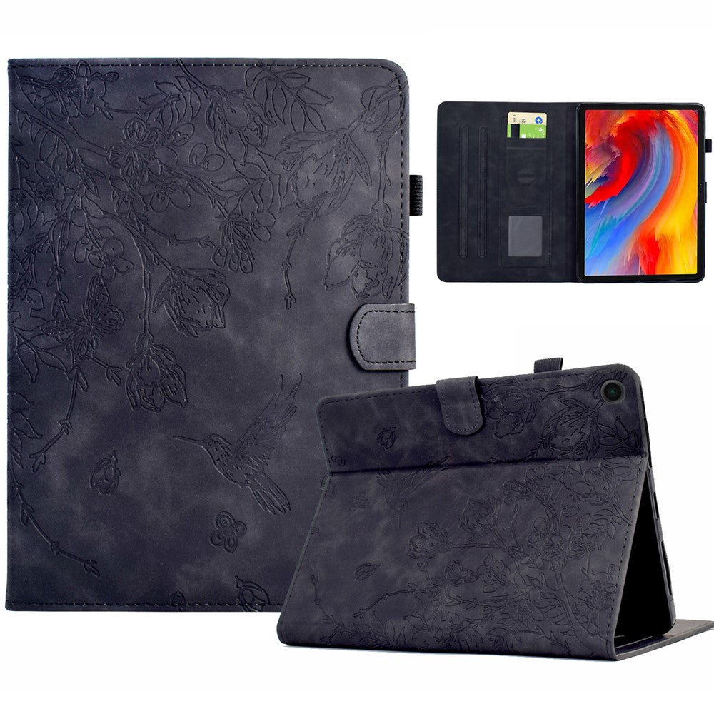 For Lenovo Tab M10 Plus (3rd Gen) Case Flower Bird Imprinted Card Holder Leather Tablet Cover - Black