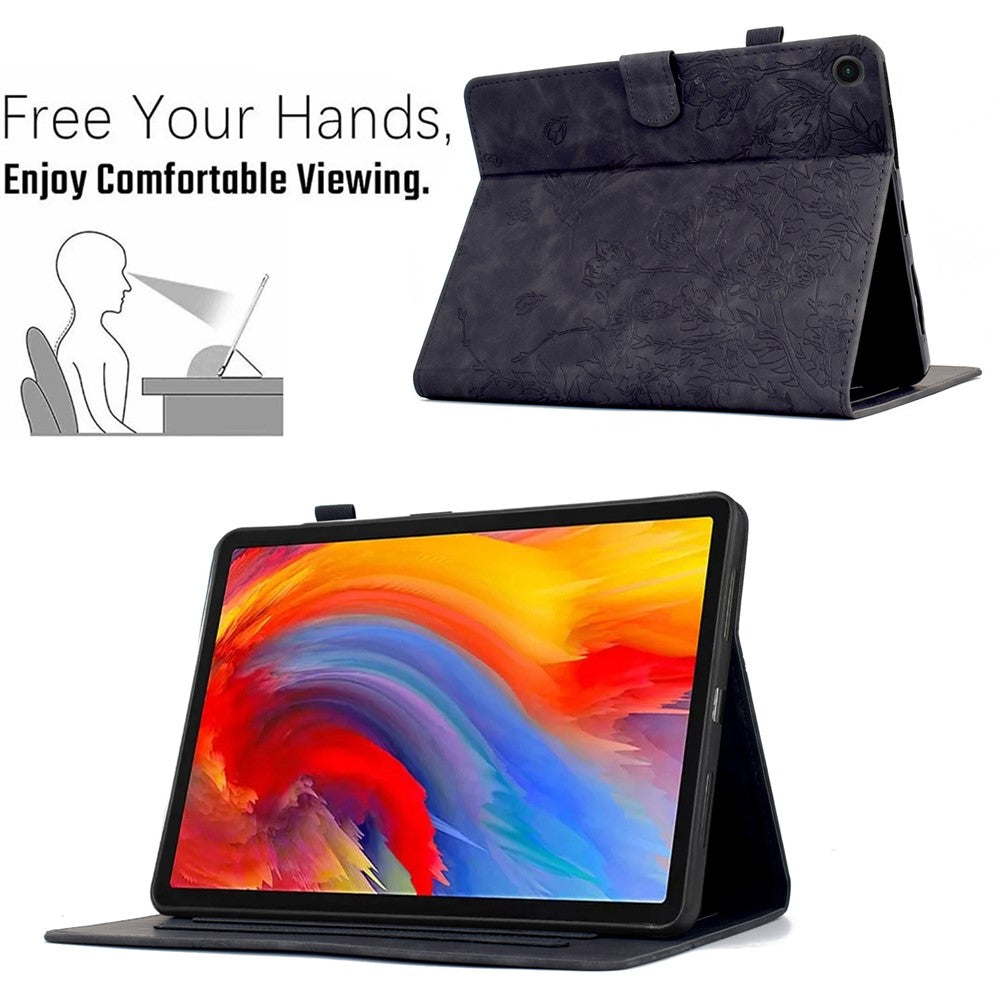 For Lenovo Tab M10 Plus (3rd Gen) Case Flower Bird Imprinted Card Holder Leather Tablet Cover - Black