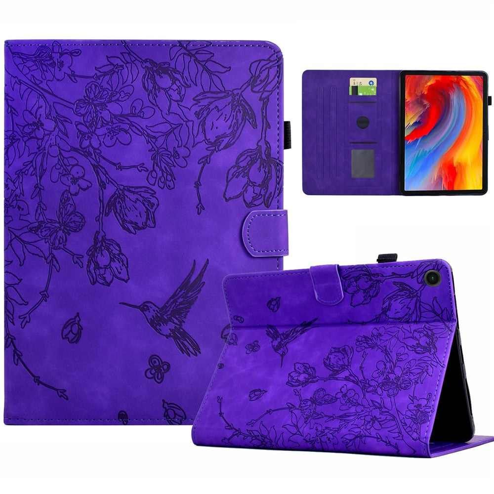 For Lenovo Tab M10 Plus (3rd Gen) Case Flower Bird Imprinted Card Holder Leather Tablet Cover - Purple