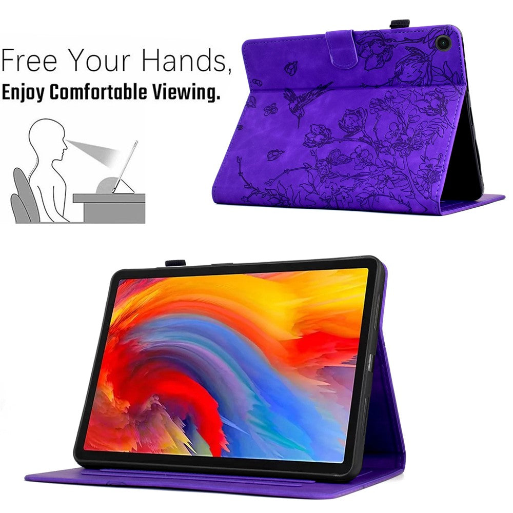 For Lenovo Tab M10 Plus (3rd Gen) Case Flower Bird Imprinted Card Holder Leather Tablet Cover - Purple