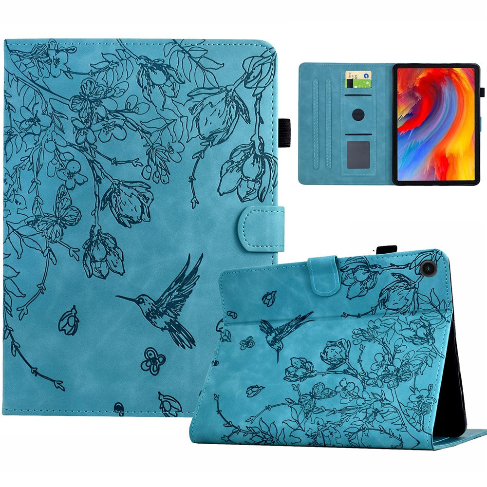 For Lenovo Tab M10 Plus (3rd Gen) Case Flower Bird Imprinted Card Holder Leather Tablet Cover - Baby Blue