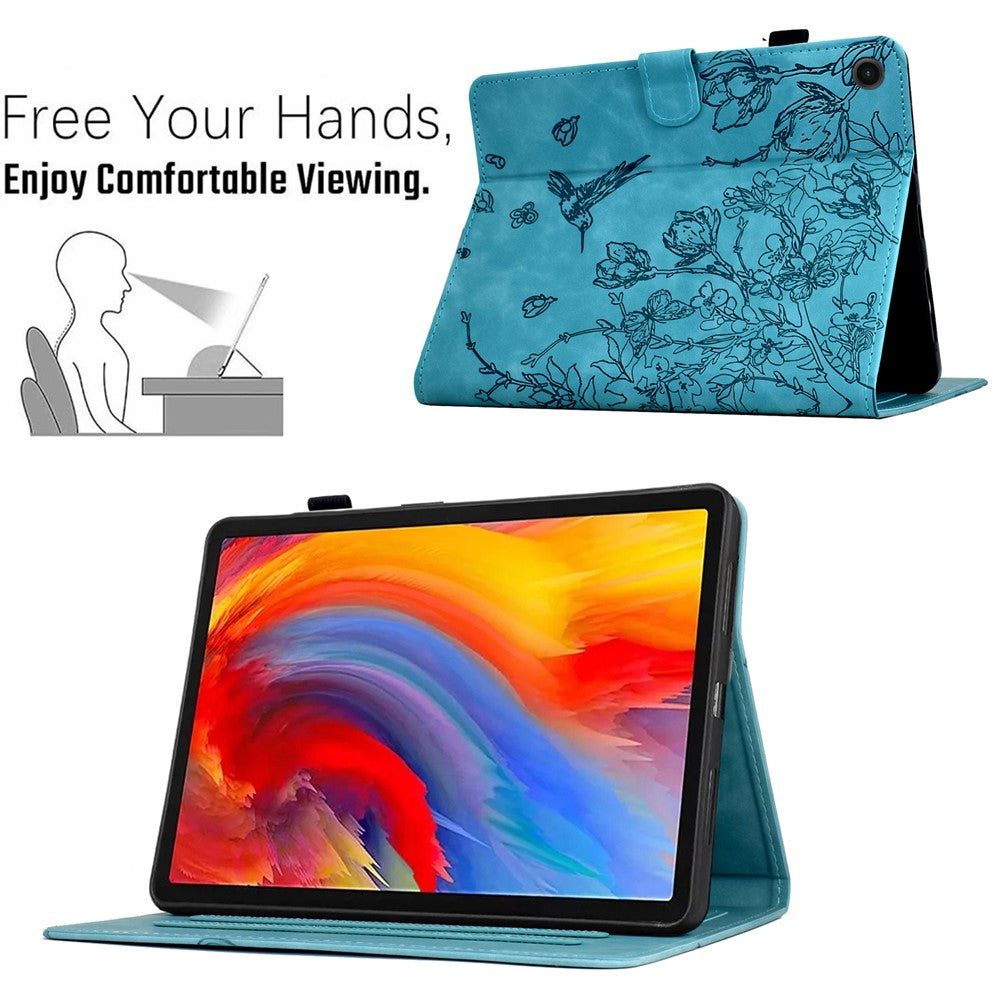 For Lenovo Tab M10 Plus (3rd Gen) Case Flower Bird Imprinted Card Holder Leather Tablet Cover - Baby Blue