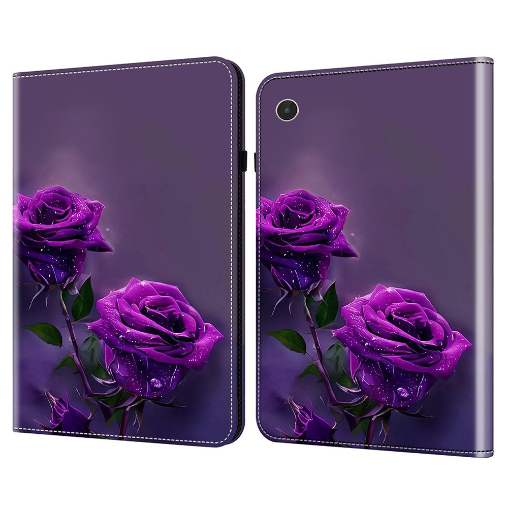 For Lenovo Tab Plus Case Flip Stand Leather Tablet Cover Pattern Printed - Purple Rose