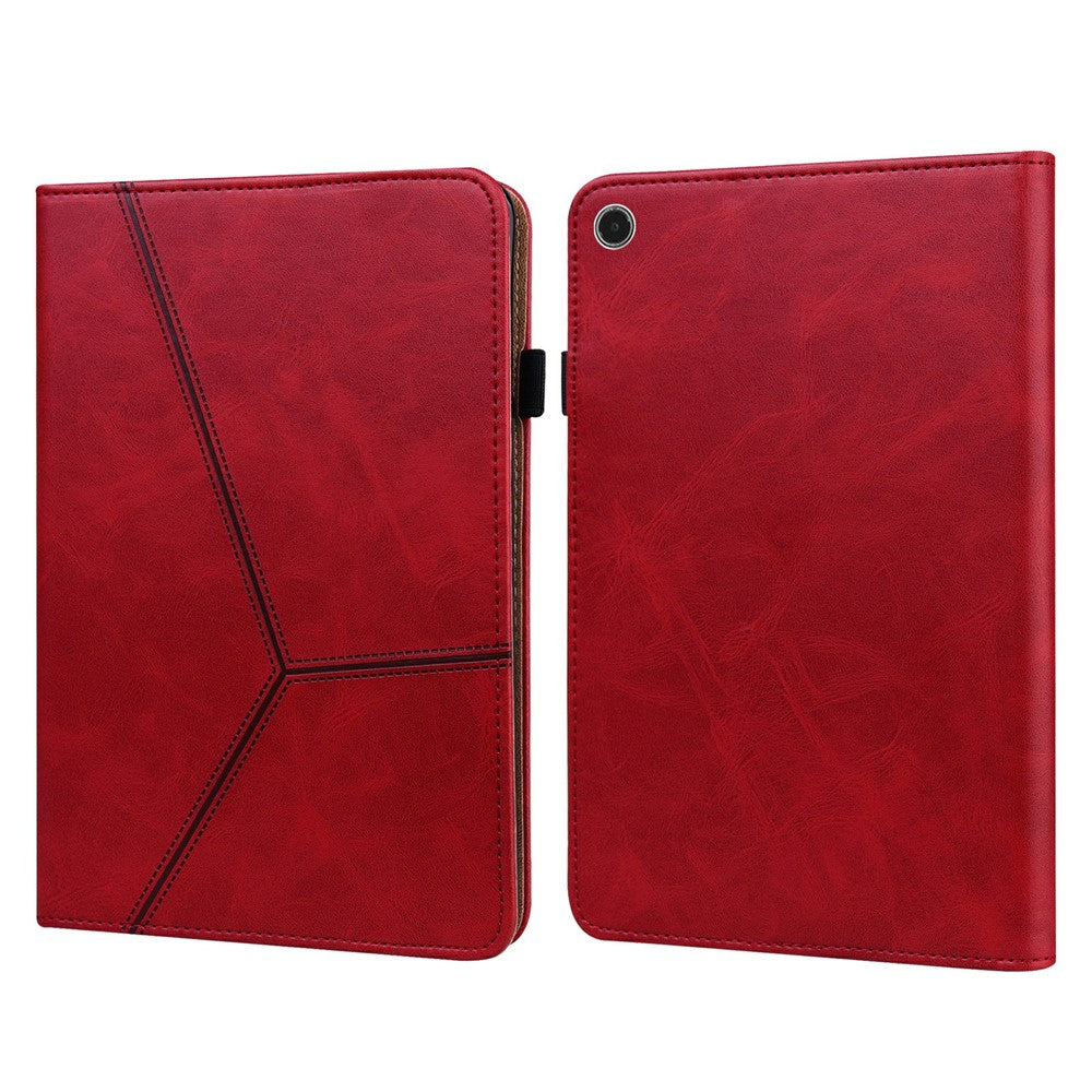 For Lenovo Tab Plus Case Line Imprinted PU Leather Card Holder Tablet Stand Cover - Red