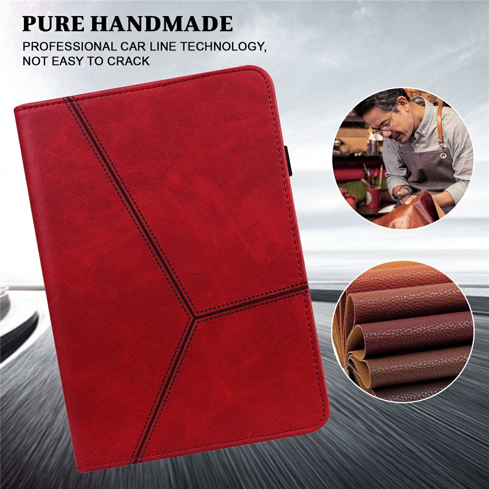 For Lenovo Tab Plus Case Line Imprinted PU Leather Card Holder Tablet Stand Cover - Red