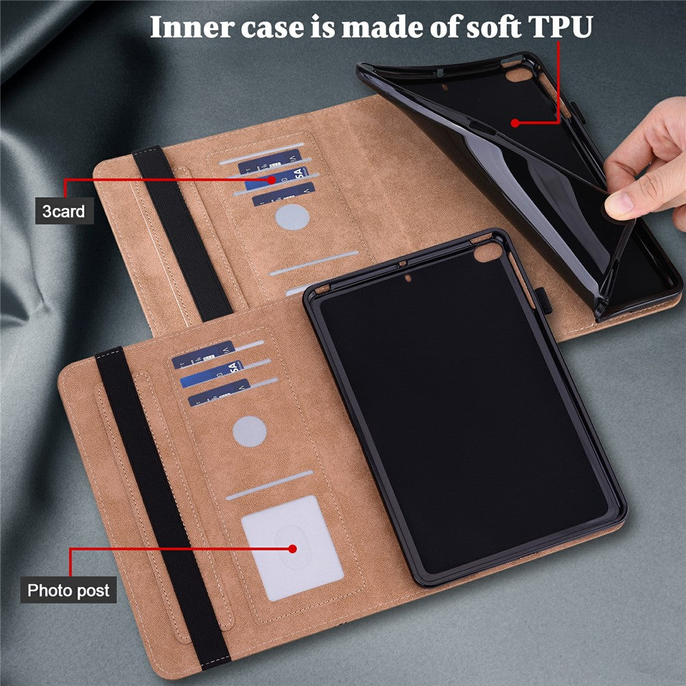 For Lenovo Tab Plus Case Line Imprinted PU Leather Card Holder Tablet Stand Cover - Brown