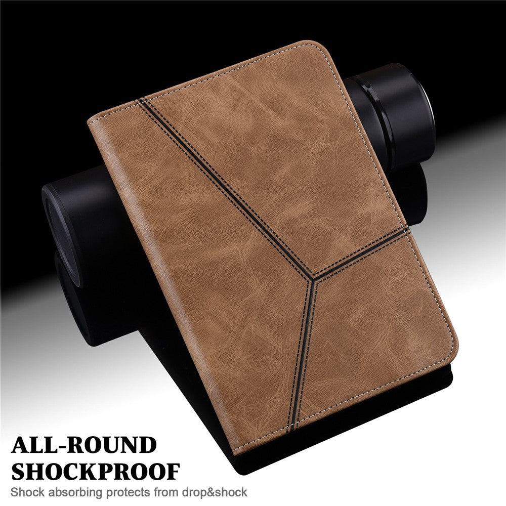 For Lenovo Tab Plus Case Line Imprinted PU Leather Card Holder Tablet Stand Cover - Brown