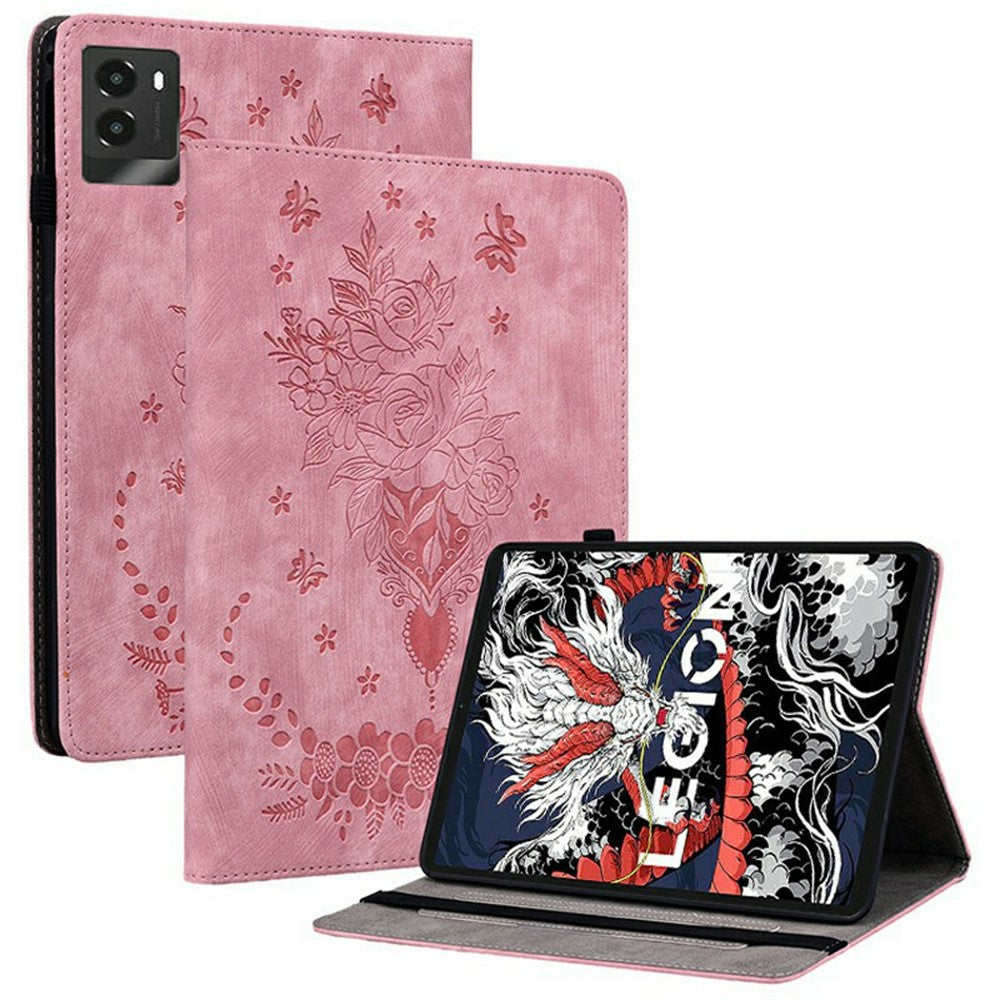 For Lenovo Legion Y700 (2025) Case Card Holder Anti-Scratch Leather Cover Rose Flower Imprint - Pink