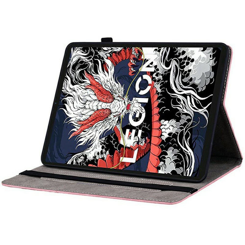 For Lenovo Legion Y700 (2025) Case Card Holder Anti-Scratch Leather Cover Rose Flower Imprint - Pink