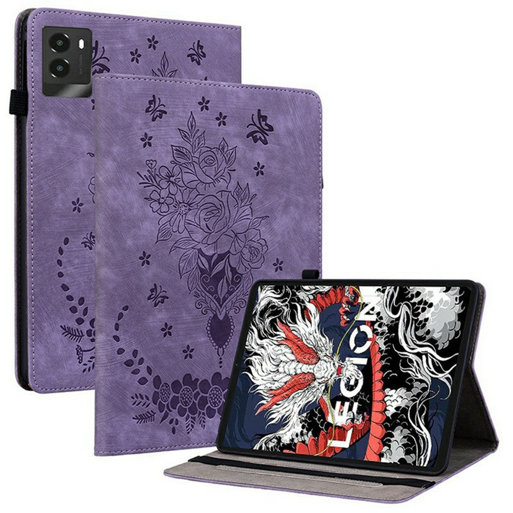 For Lenovo Legion Y700 (2025) Case Card Holder Anti-Scratch Leather Cover Rose Flower Imprint - Purple