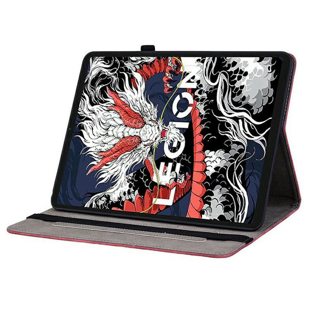 For Lenovo Legion Y700 (2025) Case Card Holder Anti-Scratch Leather Cover Rose Flower Imprint - Red