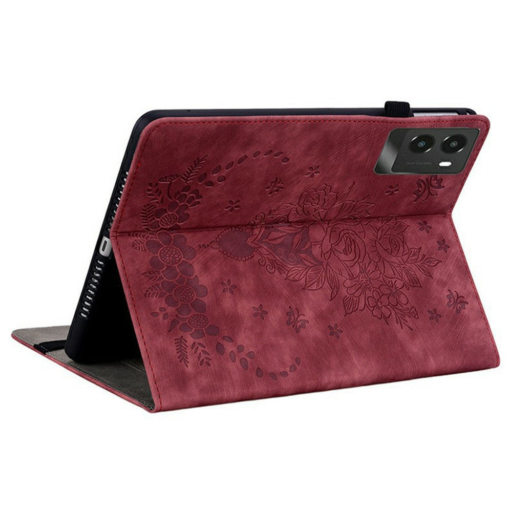 For Lenovo Legion Y700 (2025) Case Card Holder Anti-Scratch Leather Cover Rose Flower Imprint - Red