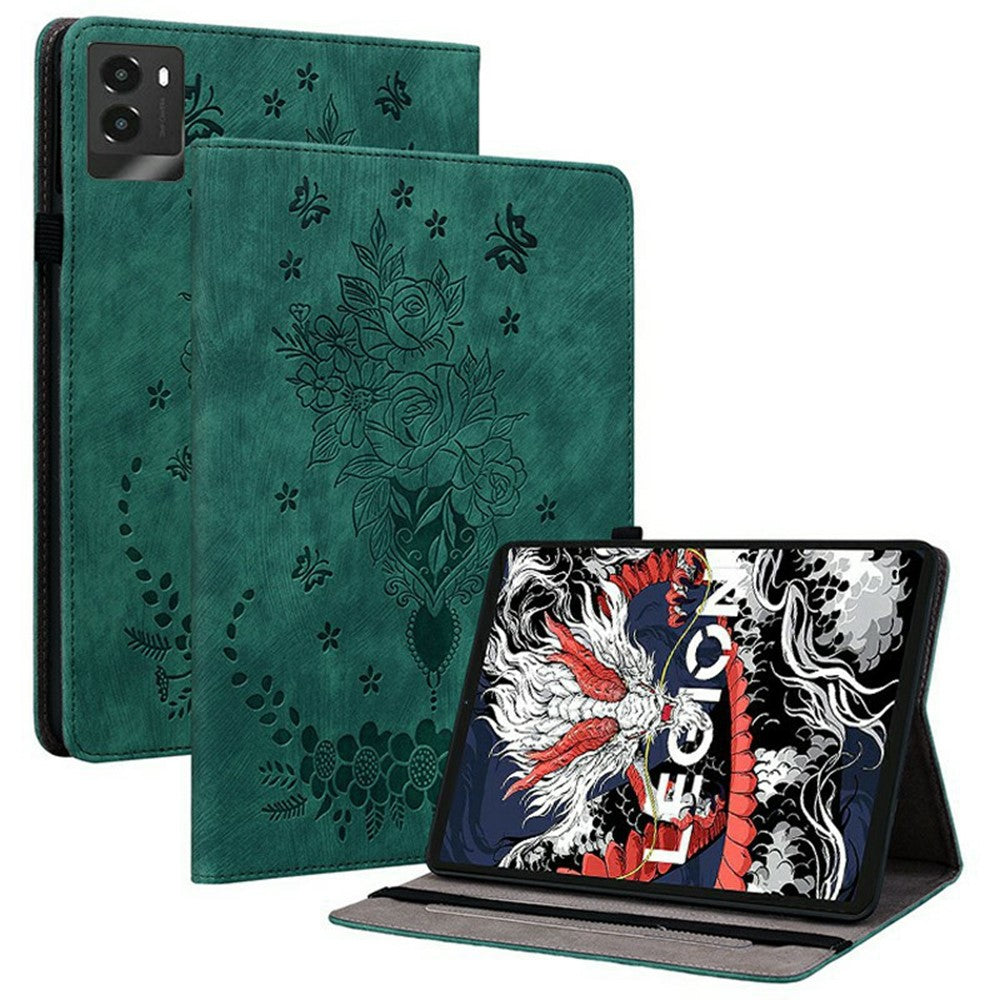 For Lenovo Legion Y700 (2025) Case Card Holder Anti-Scratch Leather Cover Rose Flower Imprint - Green