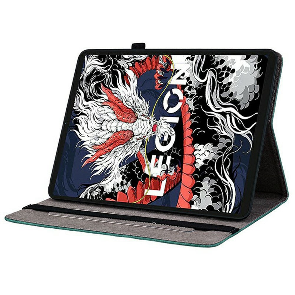 For Lenovo Legion Y700 (2025) Case Card Holder Anti-Scratch Leather Cover Rose Flower Imprint - Green