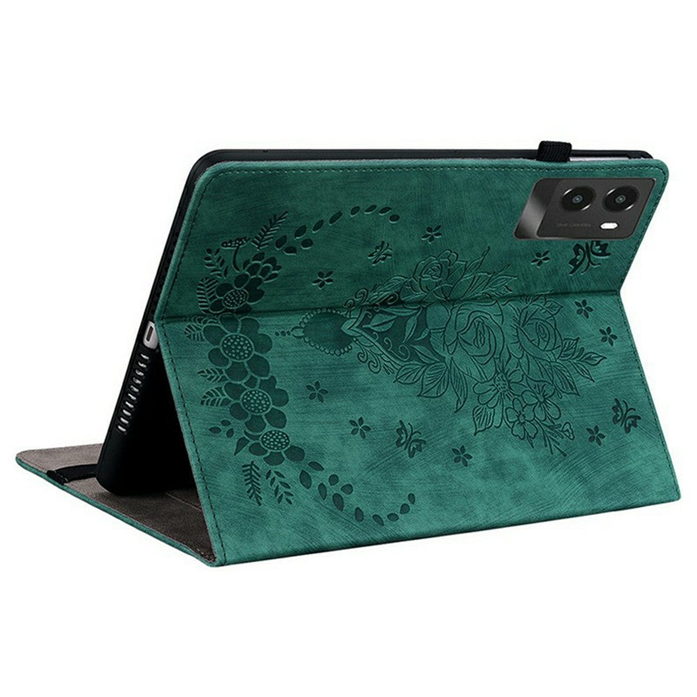 For Lenovo Legion Y700 (2025) Case Card Holder Anti-Scratch Leather Cover Rose Flower Imprint - Green