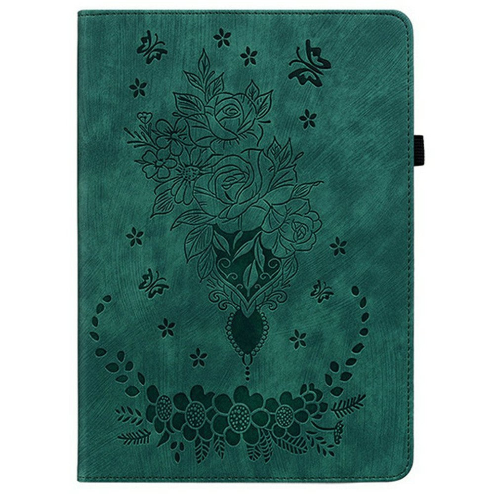 For Lenovo Legion Y700 (2025) Case Card Holder Anti-Scratch Leather Cover Rose Flower Imprint - Green