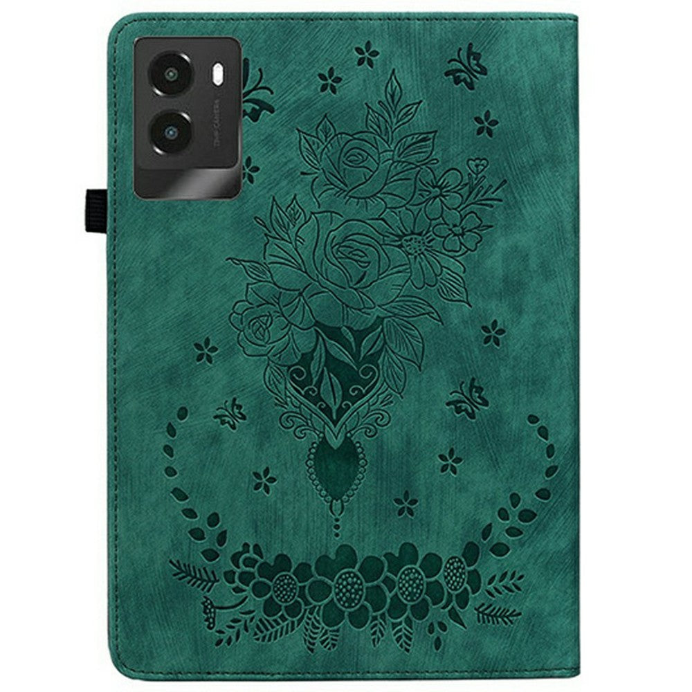For Lenovo Legion Y700 (2025) Case Card Holder Anti-Scratch Leather Cover Rose Flower Imprint - Green