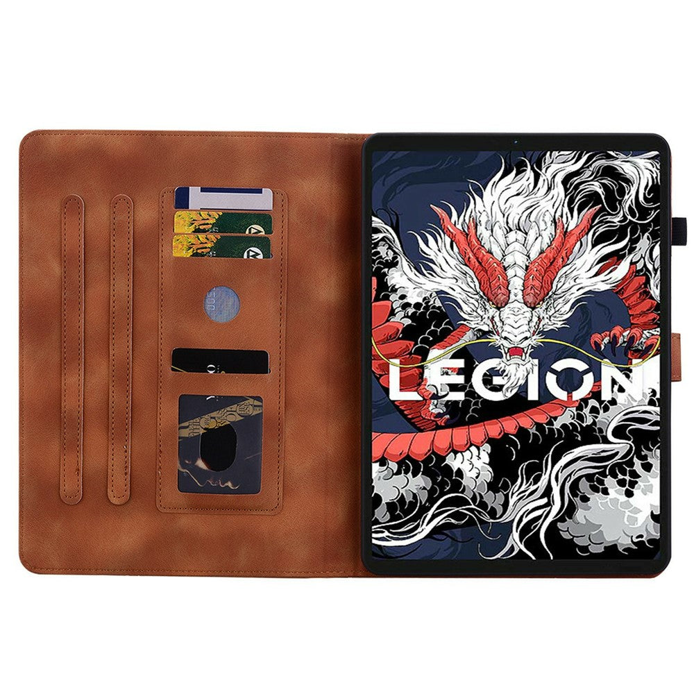 For Lenovo Legion Y700 (2025) Case Lily Flower Imprint Card Slots Leather Tablet Cover - Brown