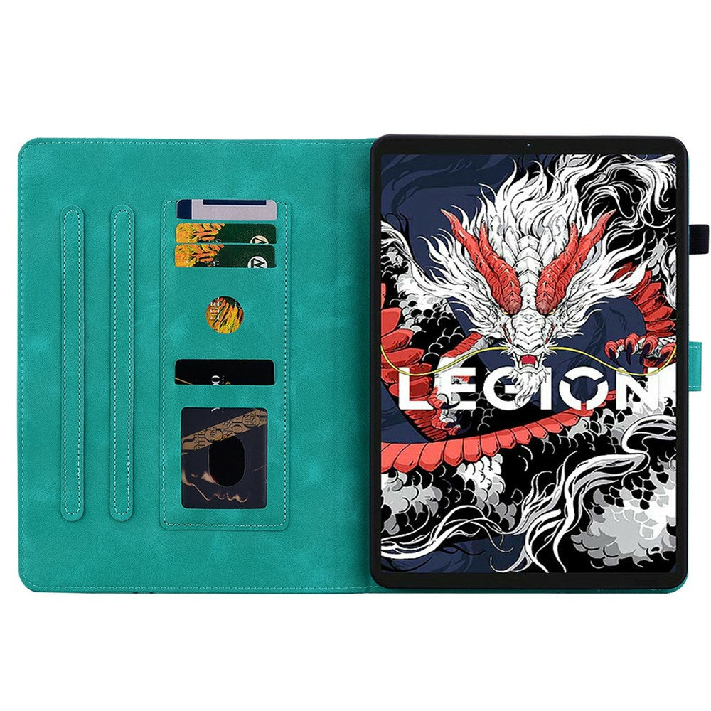 For Lenovo Legion Y700 (2025) Case Lily Flower Imprint Card Slots Leather Tablet Cover - Green