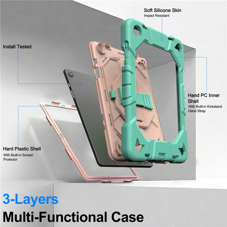 For Samsung Galaxy Tab A9+ Case with Kickstand Wrist Strap PC + Silicone Tablet Cover - Green + Pink