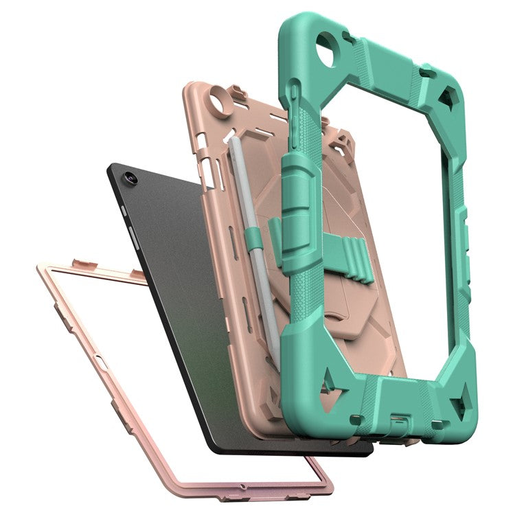 For Samsung Galaxy Tab A9+ Case with Kickstand Wrist Strap PC + Silicone Tablet Cover - Green + Pink