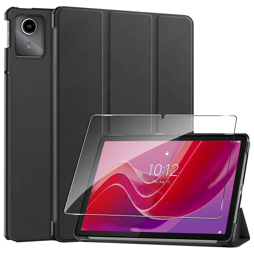 For Lenovo Tab M11 / K11 Case Tri-Fold Stand PU Leather Tablet Cover with 2.5D Tempered Glass Screen Protector - Black