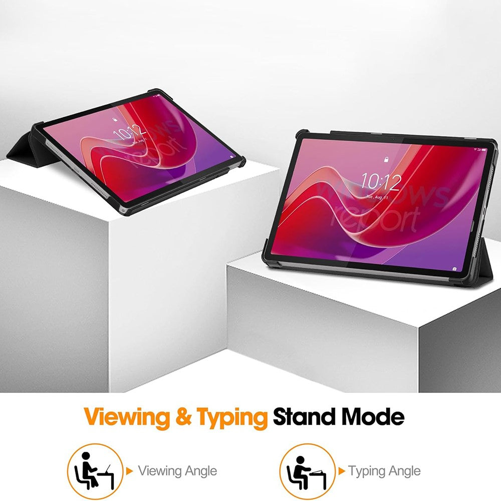 For Lenovo Tab M11 / K11 Case Tri-Fold Stand PU Leather Tablet Cover with 2.5D Tempered Glass Screen Protector - Black