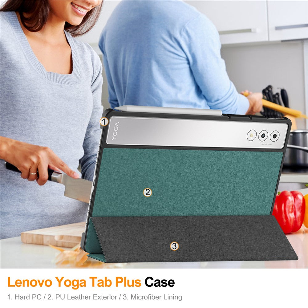 For Lenovo Yoga Tab Plus Case Anti-Drop Leather Stand Tablet Cover - Blackish Green