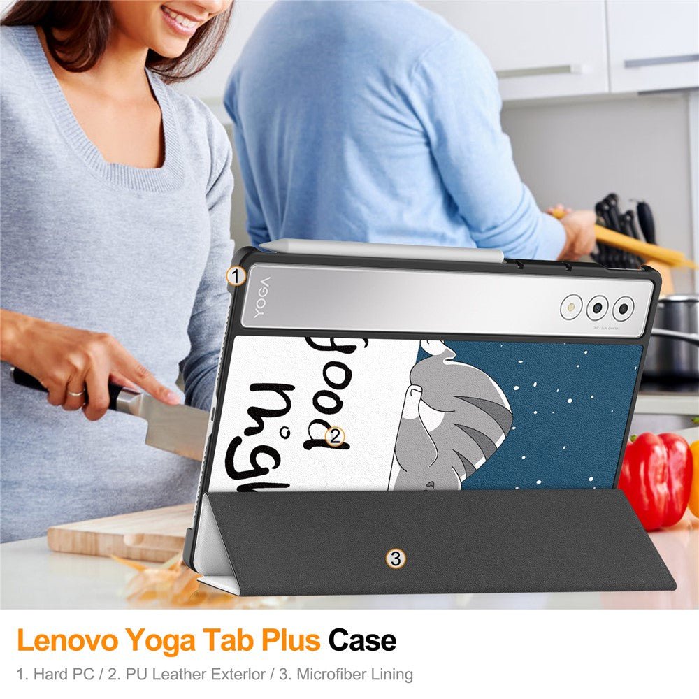 For Lenovo Yoga Tab Plus Case Pattern Print Leather Stand Tablet Cover - Cat