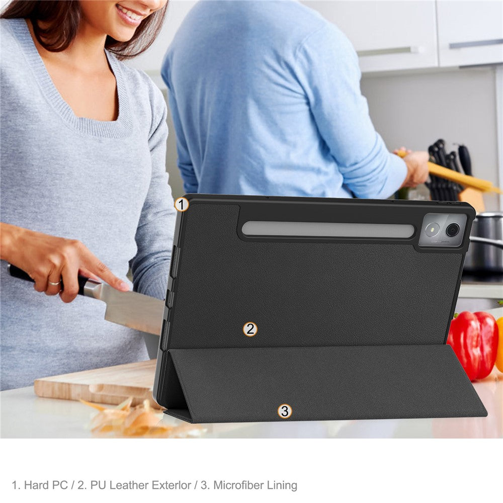 For Lenovo Idea Tab Pro Case Tri-Fold Stand Leather + PC Tablet Cover with Pen Holder - Black