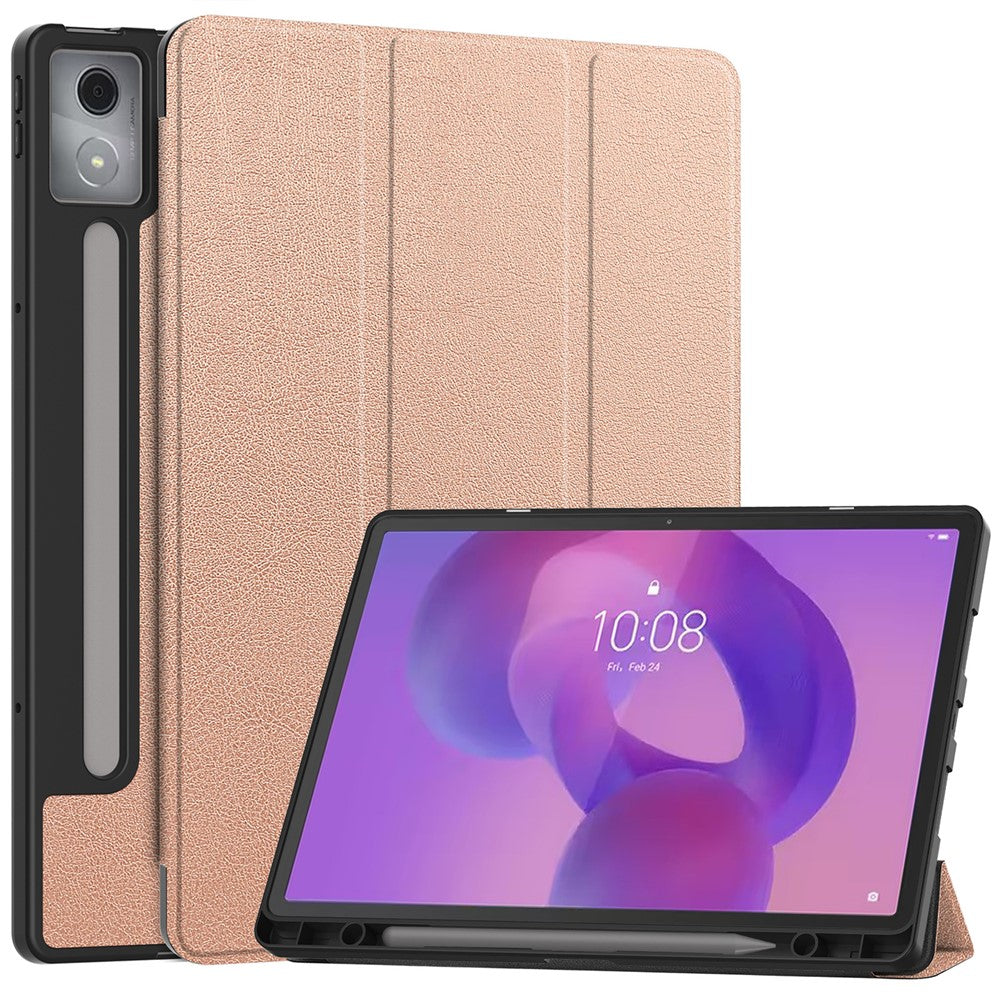 For Lenovo Idea Tab Pro Case Tri-Fold Stand Leather + PC Tablet Cover with Pen Holder - Rose Gold