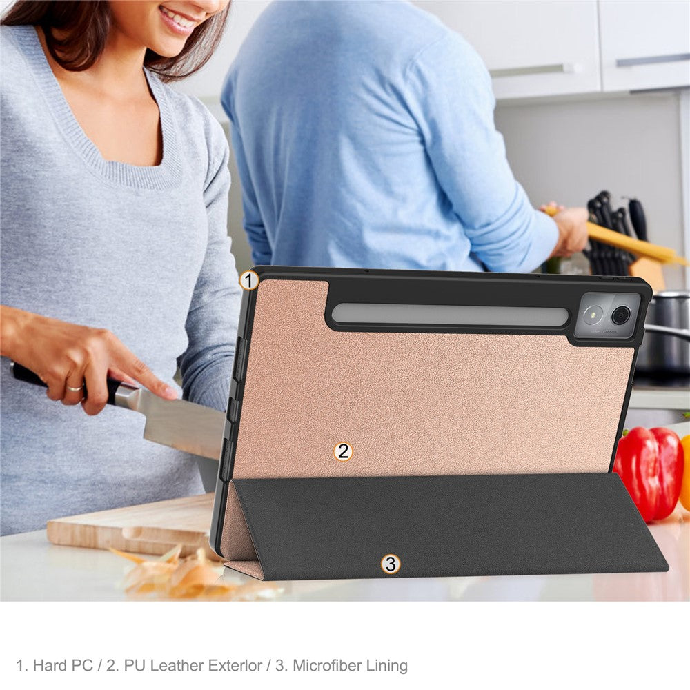 For Lenovo Idea Tab Pro Case Tri-Fold Stand Leather + PC Tablet Cover with Pen Holder - Rose Gold