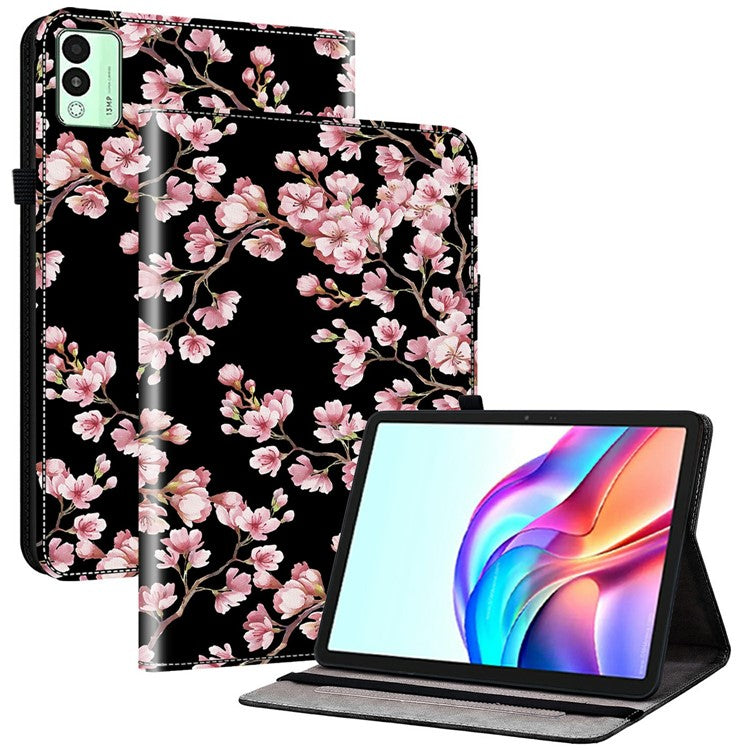 For TECNO Megapad 11 Leather Case Pattern Printed Stand Tablet Cover with Card Slots - Plum Blossom