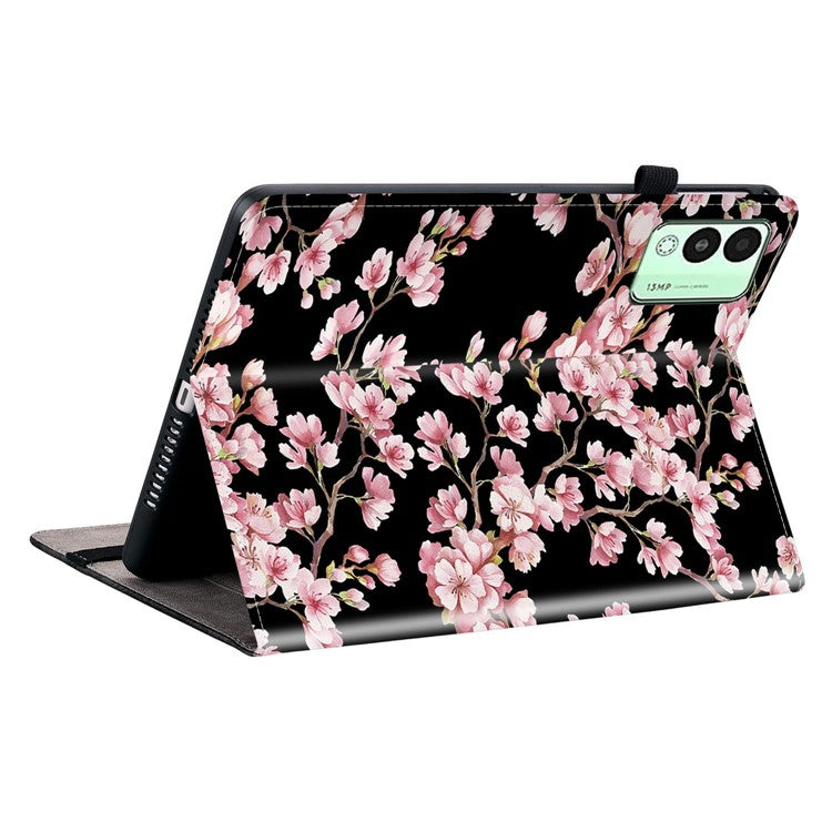 For TECNO Megapad 11 Leather Case Pattern Printed Stand Tablet Cover with Card Slots - Plum Blossom