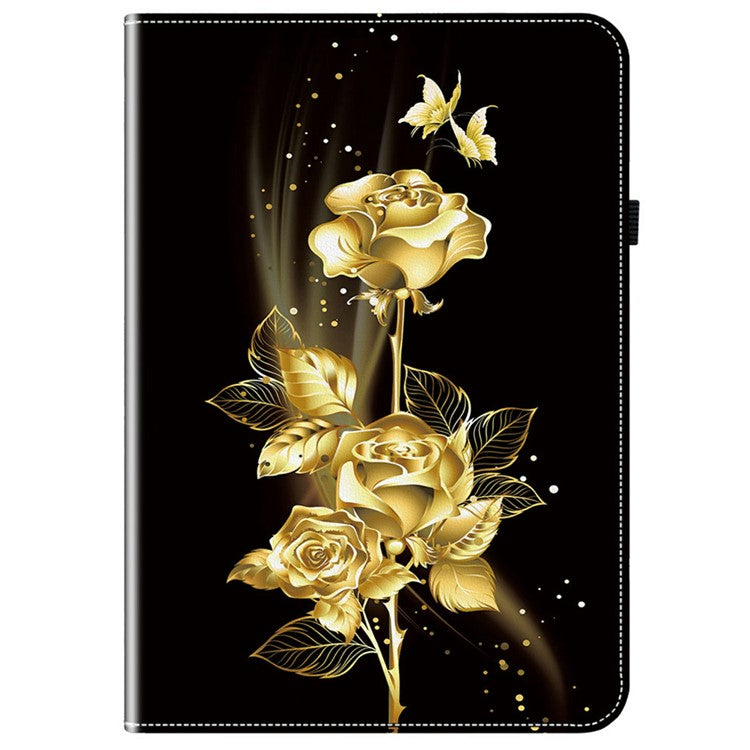 For TECNO Megapad 11 Leather Case Pattern Printed Stand Tablet Cover with Card Slots - Gold Butterfly Rose
