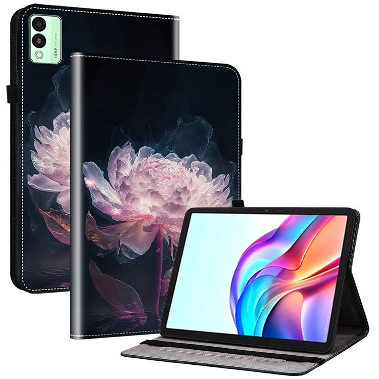 For TECNO Megapad 11 Leather Case Pattern Printed Stand Tablet Cover with Card Slots - Purple Peony