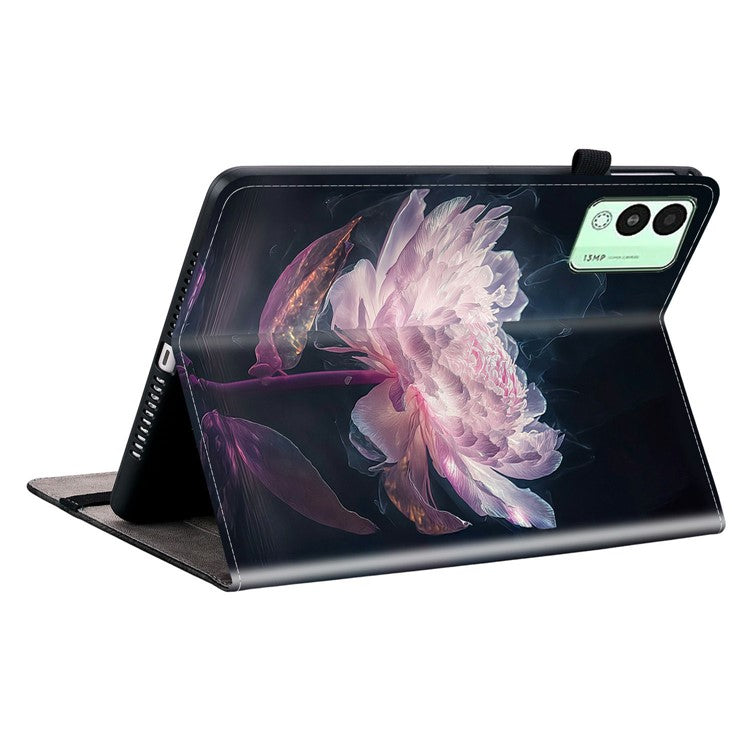 For TECNO Megapad 11 Leather Case Pattern Printed Stand Tablet Cover with Card Slots - Purple Peony