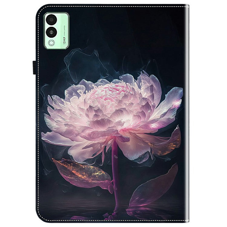 For TECNO Megapad 11 Leather Case Pattern Printed Stand Tablet Cover with Card Slots - Purple Peony