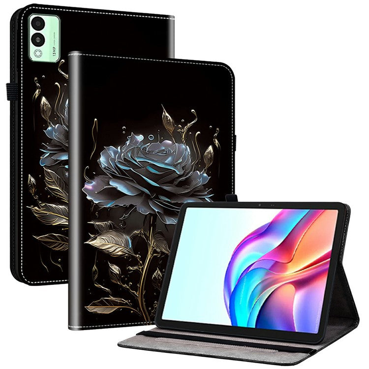 For TECNO Megapad 11 Leather Case Pattern Printed Stand Tablet Cover with Card Slots - Black Rose