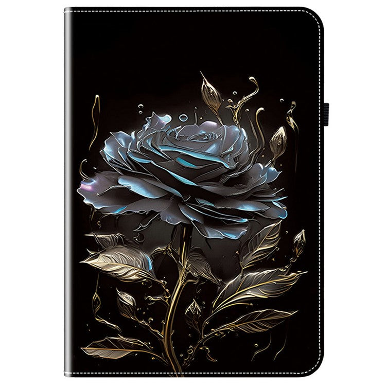 For TECNO Megapad 11 Leather Case Pattern Printed Stand Tablet Cover with Card Slots - Black Rose