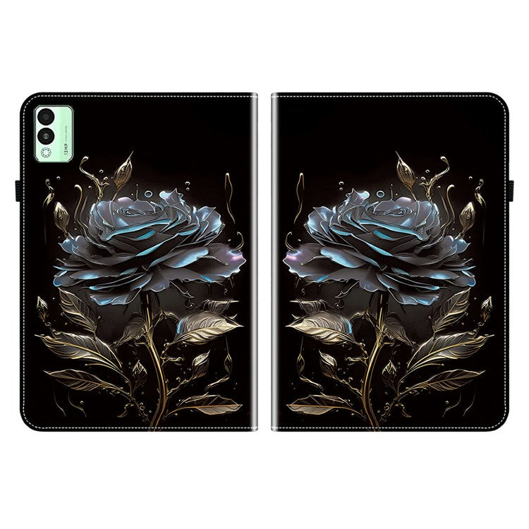 For TECNO Megapad 11 Leather Case Pattern Printed Stand Tablet Cover with Card Slots - Black Rose