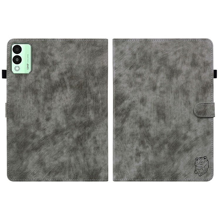 For TECNO Megapad 11 Case Tiger Imprint Anti-Scratch PU Leather Tablet Cover - Grey