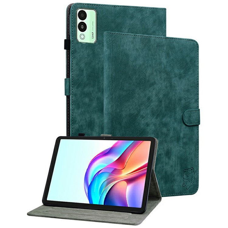 For TECNO Megapad 11 Case Tiger Imprint Anti-Scratch PU Leather Tablet Cover - Green