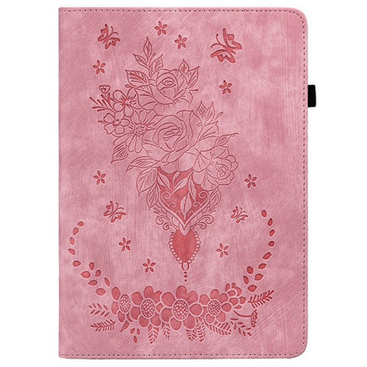 For TECNO Megapad 11 Case Card Holder Anti-Scratch Leather Cover Rose Flower Imprint - Pink
