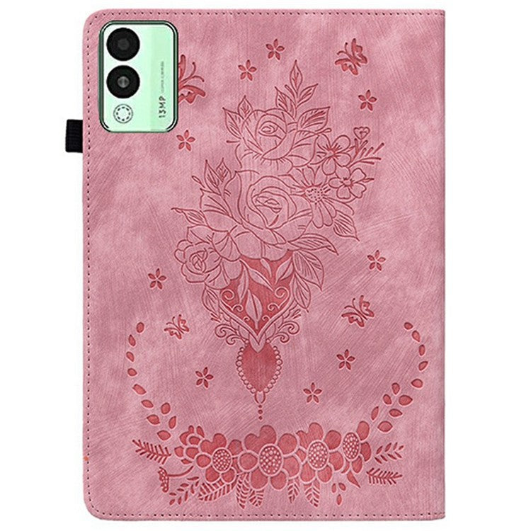 For TECNO Megapad 11 Case Card Holder Anti-Scratch Leather Cover Rose Flower Imprint - Pink