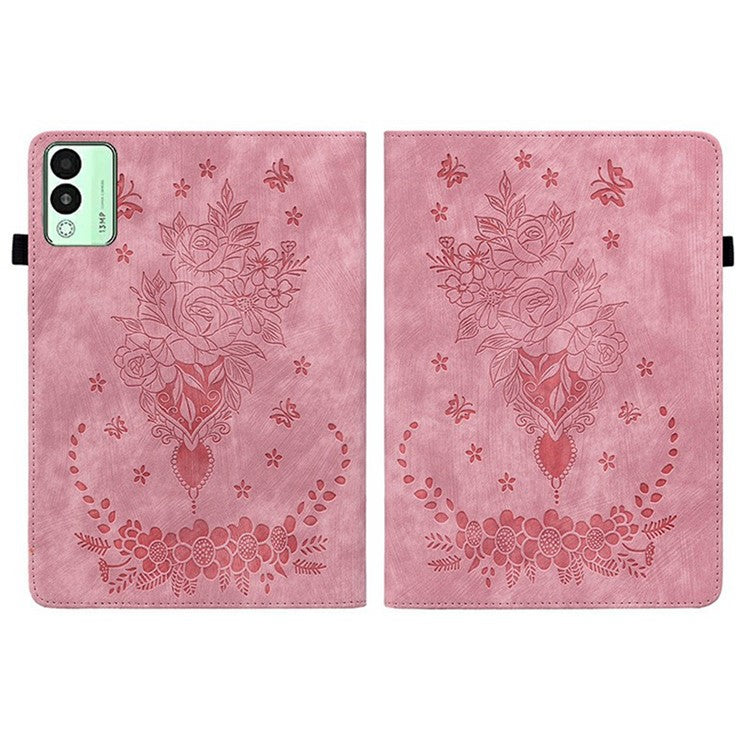 For TECNO Megapad 11 Case Card Holder Anti-Scratch Leather Cover Rose Flower Imprint - Pink