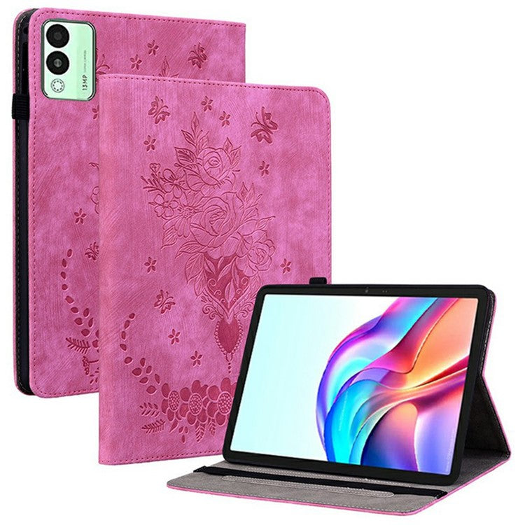 For TECNO Megapad 11 Case Card Holder Anti-Scratch Leather Cover Rose Flower Imprint - Rose