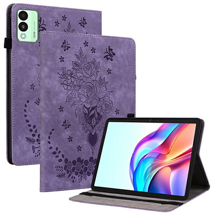 For TECNO Megapad 11 Case Card Holder Anti-Scratch Leather Cover Rose Flower Imprint - Purple