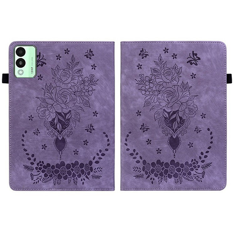 For TECNO Megapad 11 Case Card Holder Anti-Scratch Leather Cover Rose Flower Imprint - Purple