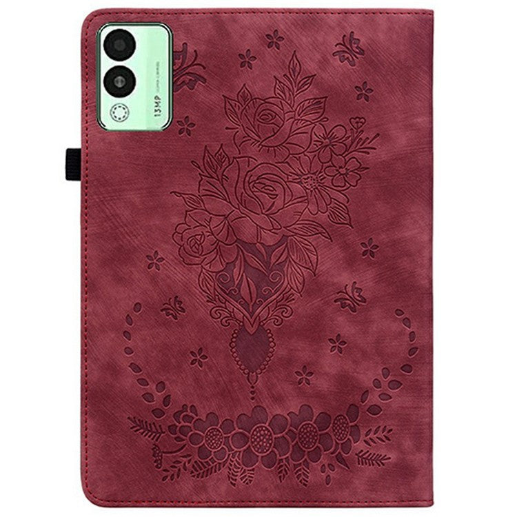 For TECNO Megapad 11 Case Card Holder Anti-Scratch Leather Cover Rose Flower Imprint - Red